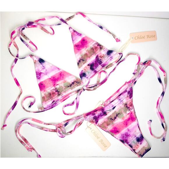 Chloe Rose Pink & Purple Tie Dye String Bikini Set Size Medium - Picture 5 of 11